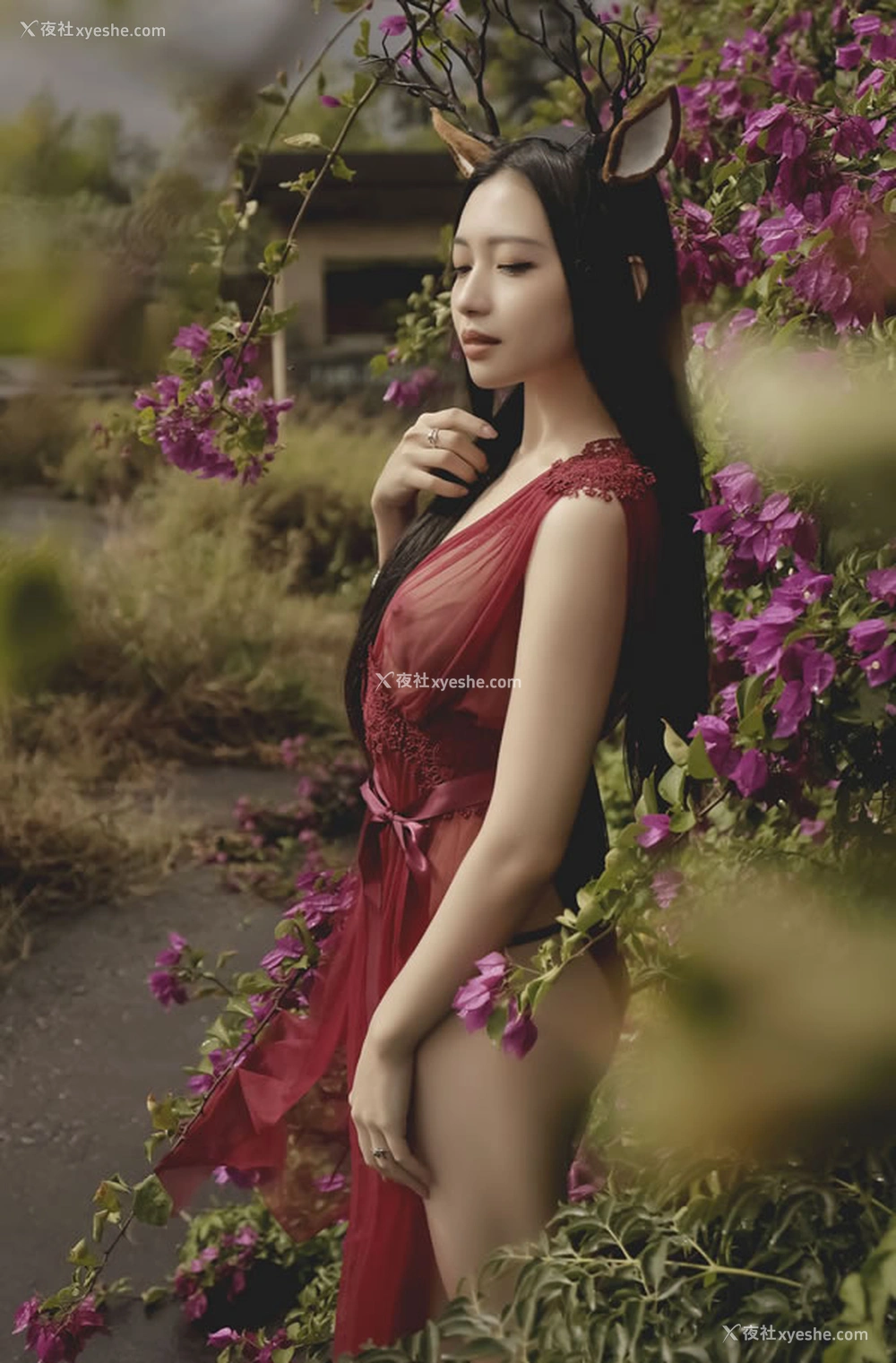 1P - 鹿角女孩夏暮光红纱透视长裙唯美无圣光图集