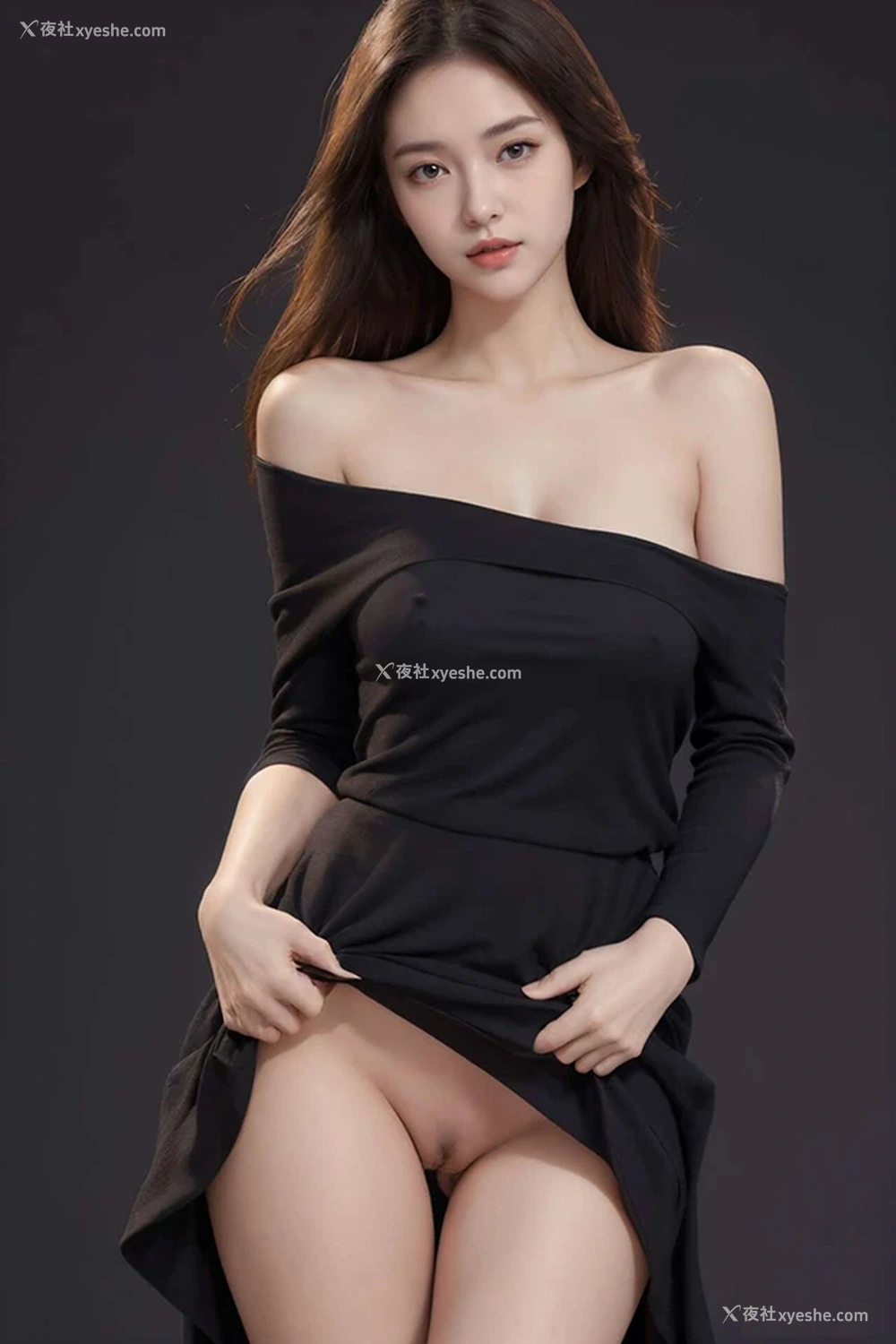 1P - 清纯唯美系列之黑色礼裙下露出的AI美女
