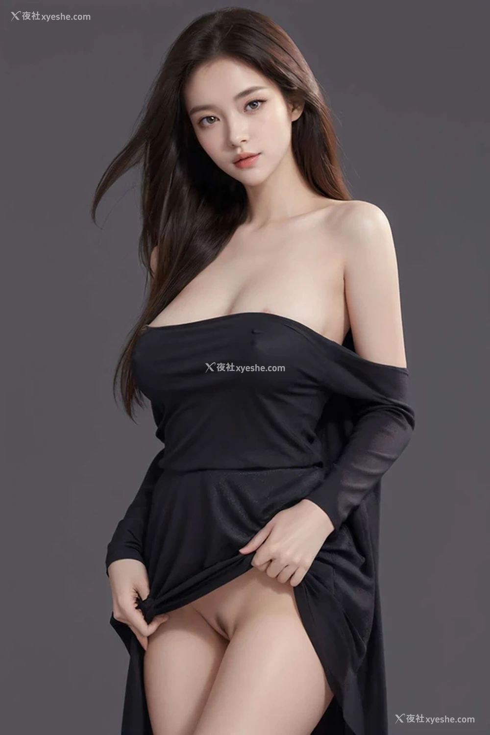 1P - 清纯唯美系列之黑色礼裙下露出的AI美女
