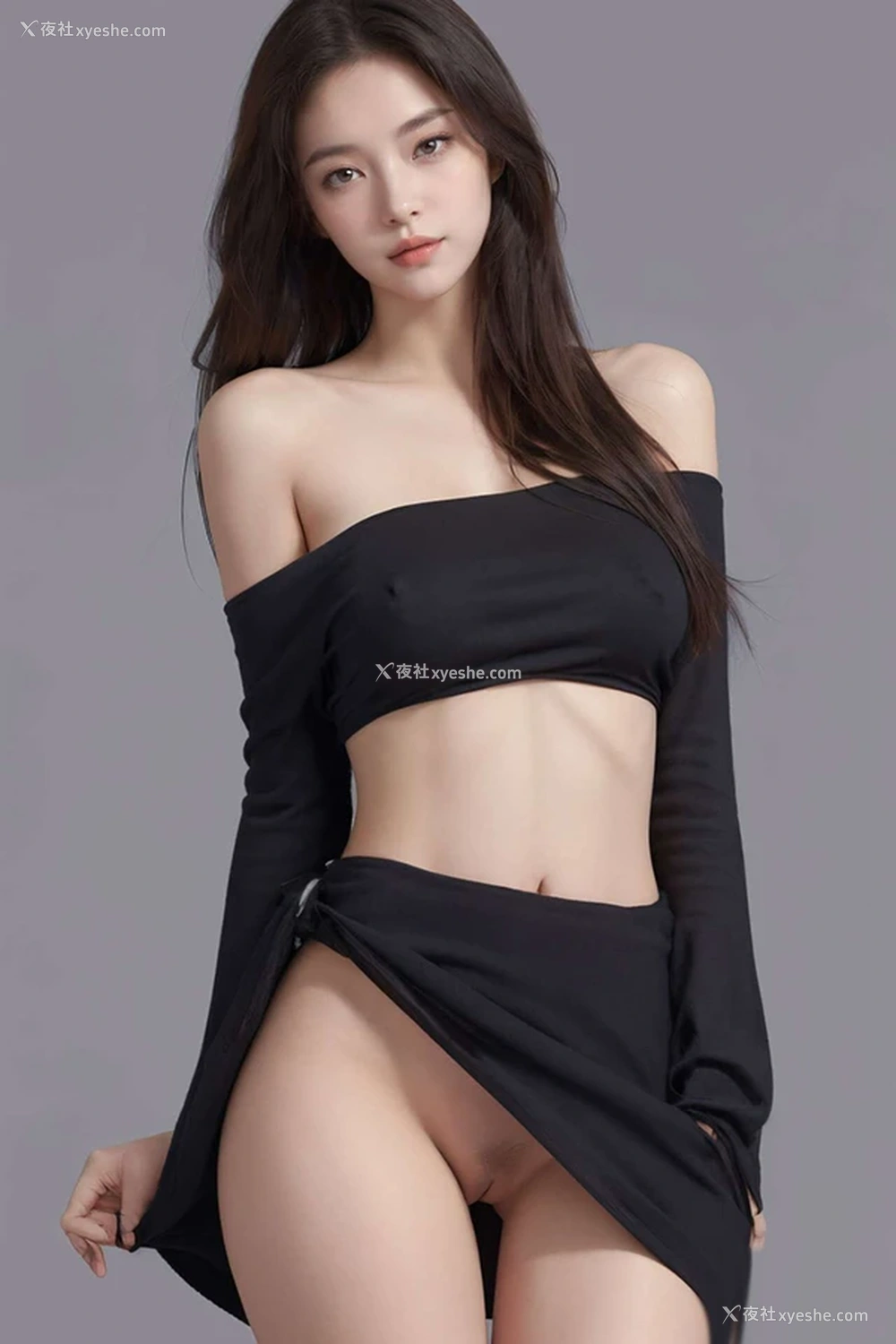 1P - 清纯唯美系列之黑色礼裙下露出的AI美女