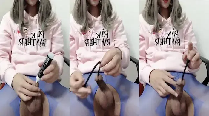 女装大佬｜静默如海｜少有的玩马眼系列 还是少有的蓝色丝袜 超长棍子插入 拔出来就尿失禁了