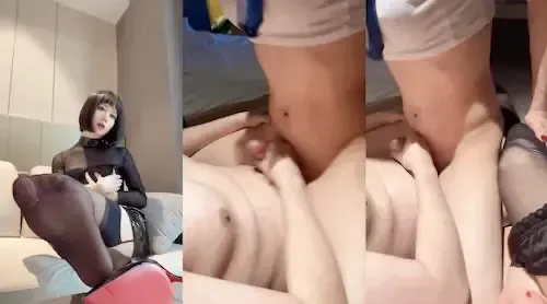 北京Ts天心 中关村村花 黑色胶衣小皮裙 红底尖头高跟鞋 黑色吊带丝袜